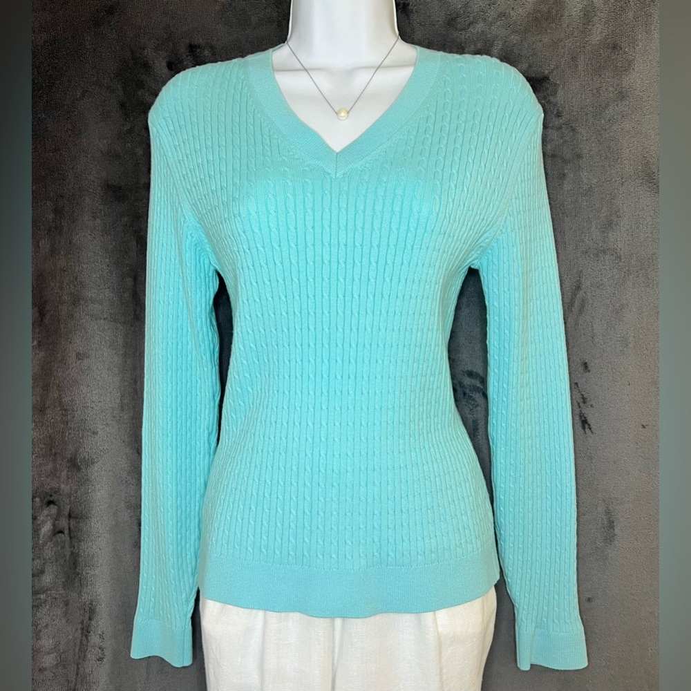 Lilly Pulitzer Women’s Medium Aqua V-Neck Cable Knit Sweater Cotton Blend